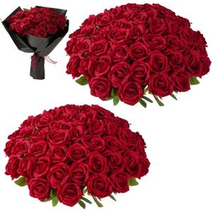 Red Roses Artificial Flowers Bulk, 52Pcs Fake Roses Flower Arrangement, DIY Silk Flowers Roses Bouquet, Realistic Faux Artificial Roses for Valentine's Day Home Table Decor