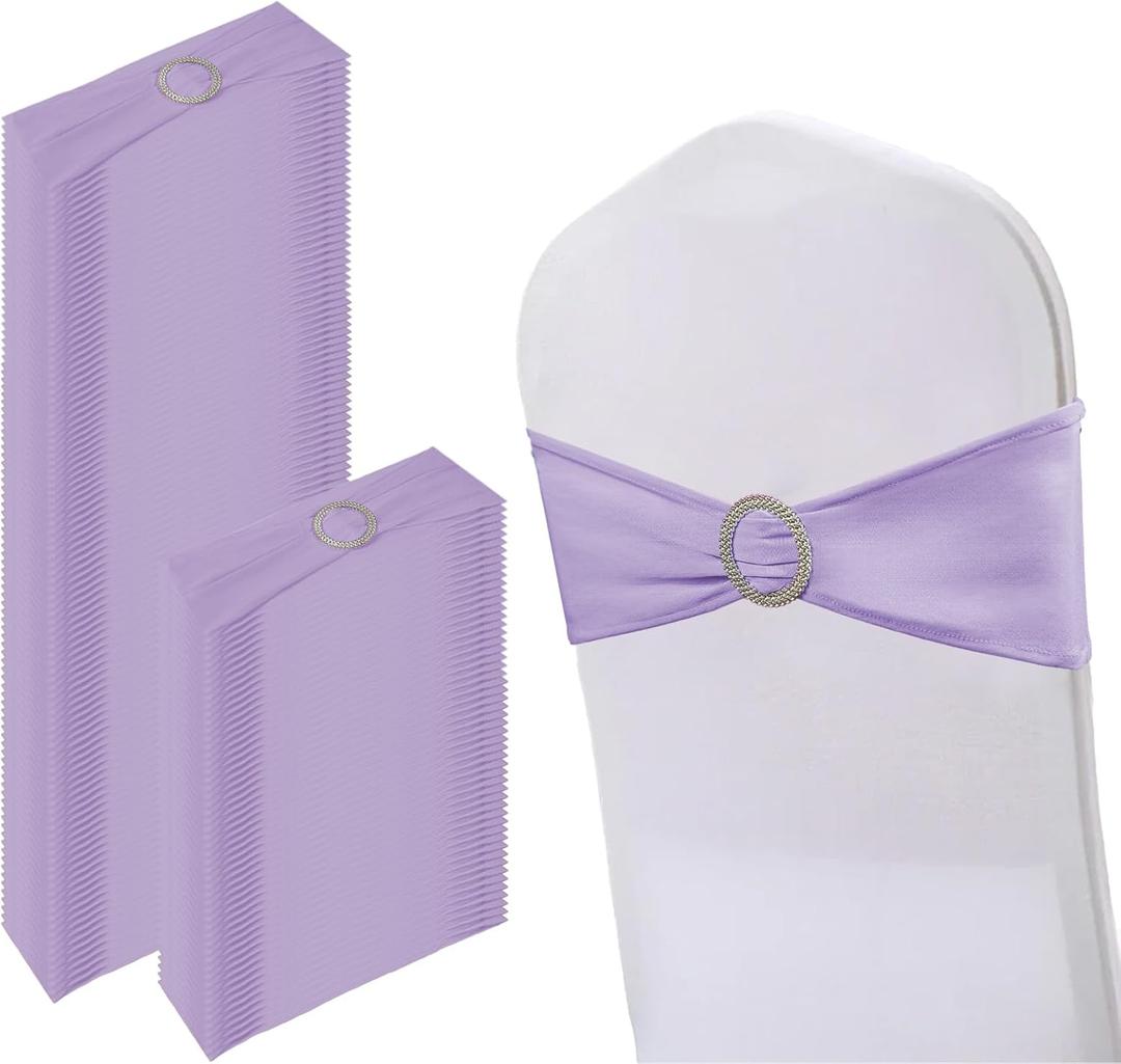 150 Pack Spandex Stretch Chair Sashes Bows, Elastic Stretch Chair Cover Bands Ties with Buckle Slider for Wedding Party Ceremony Reception Event Banquet Decoration (Purple)