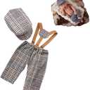 Newborn Monthly Baby Photo Props Stripe Checked Flat Cap Newsboy Suspender Pants Romper for Photography Outfits (Brown, XS)