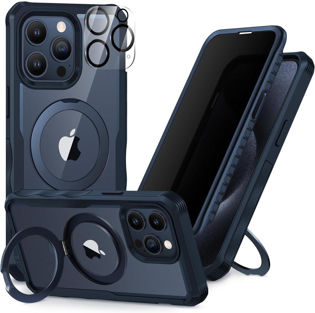 CENHUFO Privacy for iPhone 15 Pro Max Case, Full Body Phone Case [Compatible with Magsafe] Built-in 9H Tempered Glass Privacy Screen Protector and Magnetic Ring Stand, Clear Camera Lens Cover -Blue