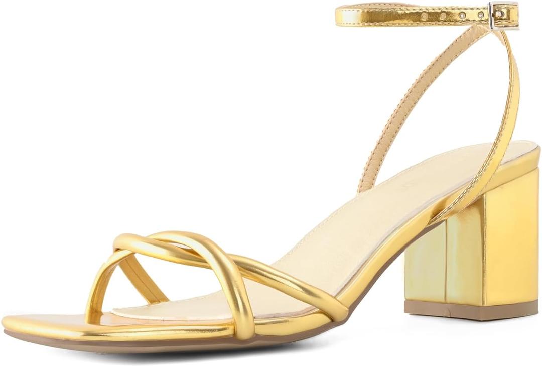 Strappy Heels for Women Block Chunky Heels Open Square Toe Ankle Strap Buckle Sandals Dress Party Shoes, Size 7