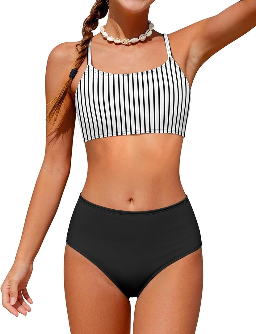 Boiltcat Girls Bathing Suits Size 13-14 Black Striped Print Swimsuits for Teen Girls Adjustable Straps High Waisted 3 Piece Girl Bikini with Cover Up 13-14 Years