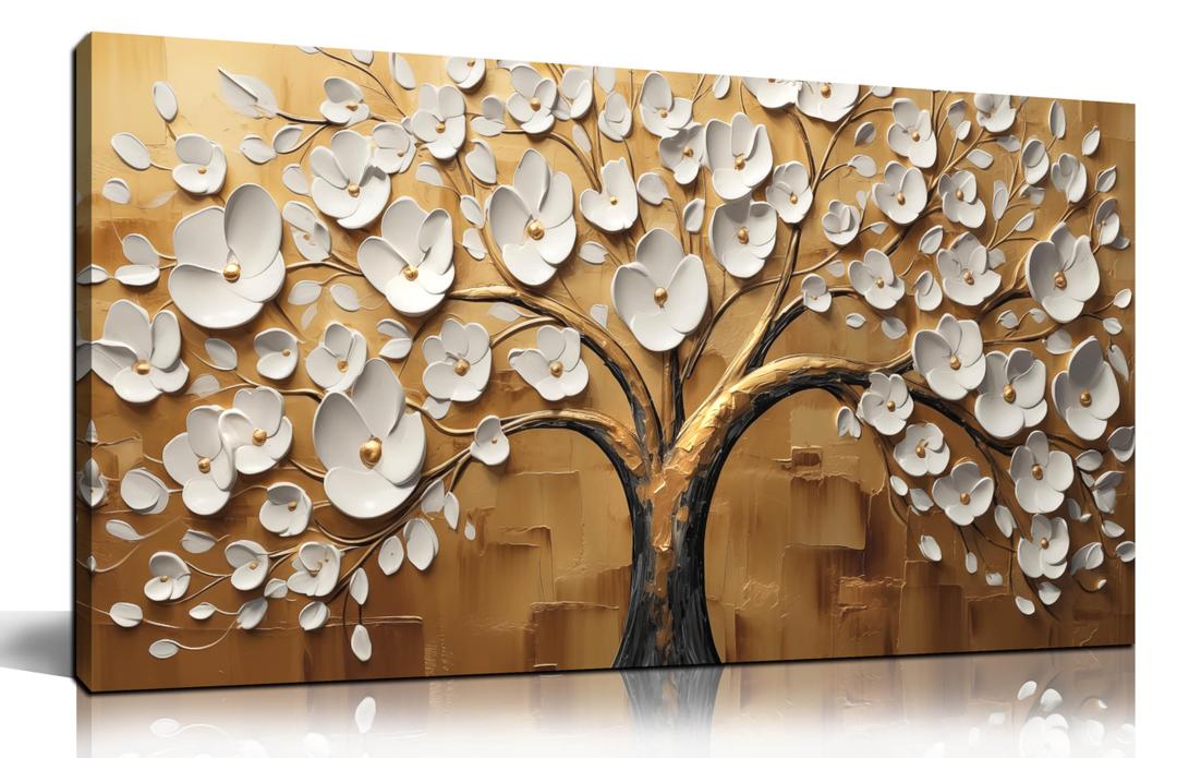 Large Wall Art for Living Room Bedroom Office Tree Art Wall Decor Gold Artwork Tree of Life Wall Art White Flower Framed Wall Decor Modern Canvas Prints 20x40