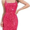 OBEEII Women's Sequins Bodycon Mini Dress Spaghetti Straps Floral Glitter Party Dress Night Club Teen Homecoming Dress (M)