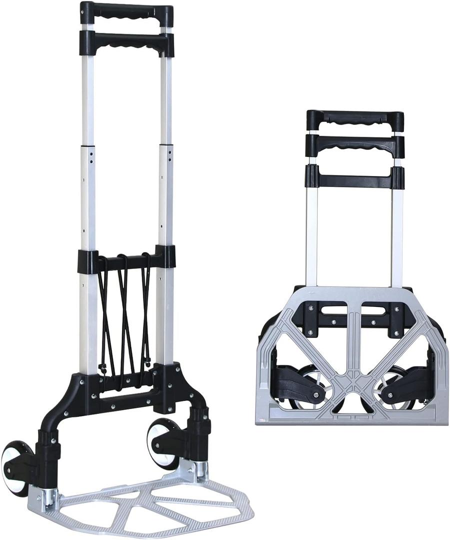 Folding Hand Truck Dolly CartAluminum Portable Hand Cart for Daily handling Work180lbs, with Silent WheelTelescoping HandleBlack Bungee Cord, Can Stand AloneLight Weight