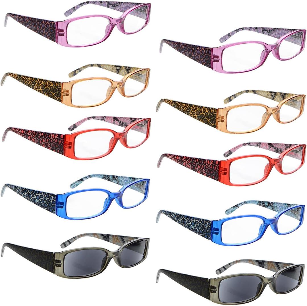 BLUELESS Women 10 Pairs Leopard Patterned Design Reading Glasses Include 2 Reading Sunglasses +1.25 
