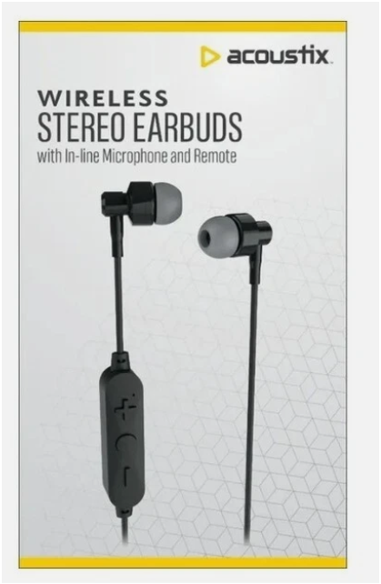 Acoustix Wireless Stereo Earbuds w In-Line Microphone and Remote (Black)