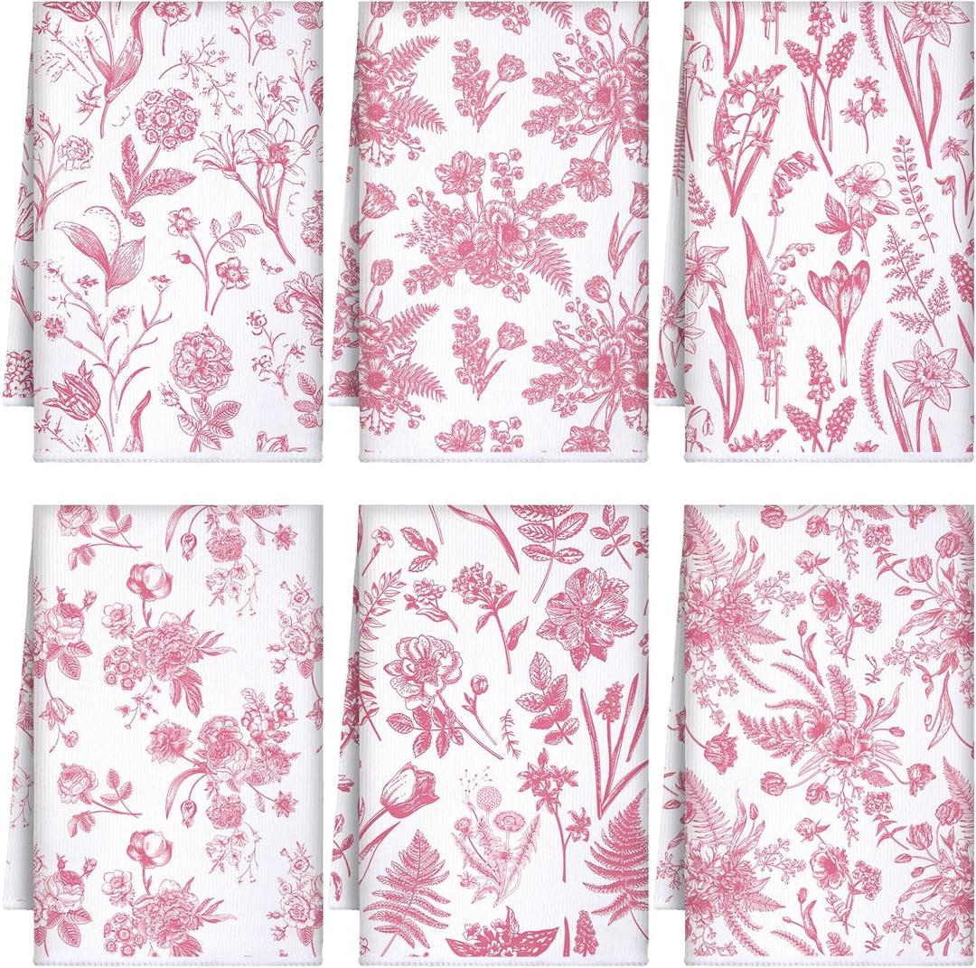 Boyiee 6 Sets Vintage Flower Kitchen Towels Pink and White Wildflower Dish Cloth Absorbent Retro Floral Tea Hand Towels Decorative Set 24"x16" for Farmhouse Kitchen Bathroom Housewarming Gift