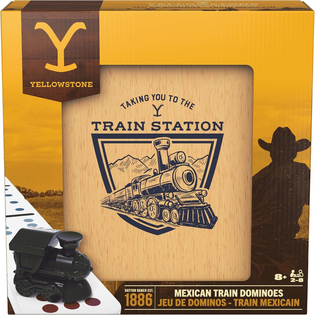 Spin Master Games, Yellowstone Mexican Train Dominoes Set, Classic Family Tile Board Game in Wood Case, Modern Dominoes Set for Adults with Trains, 2-8 Players, for Ages 8 & Up