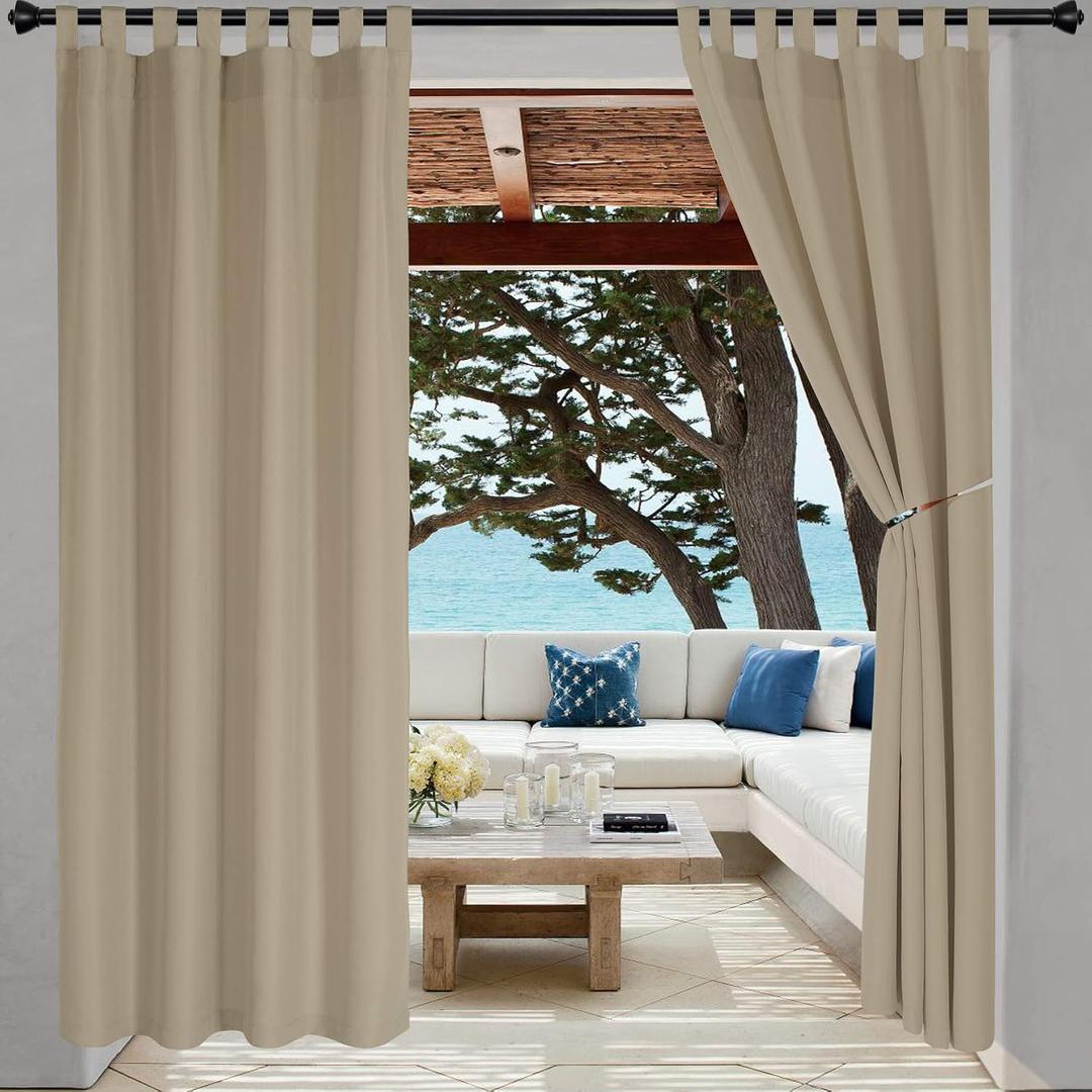 LORDTEX Indoor/Outdoor Curtains - Waterproof Tab Top Patio Curtains Sun Blocking Set of 2 Panels Thermal Insulated Curtain for Porch, Pergola, Cabana, Gazebo, 52 x 120 inch, Taupe