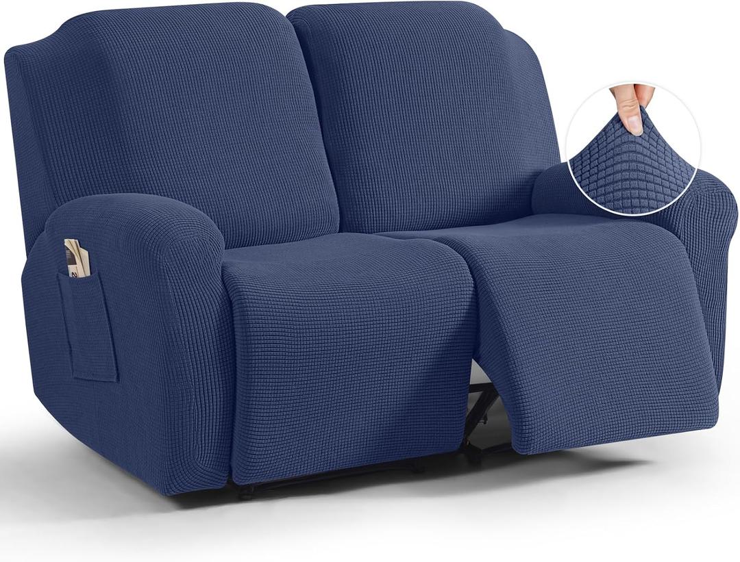 TAOCOCO Recliner Loveseat Slipcover, 6 Pieces Dual Recliner Sofa Covers for 2 Seat Dual Reclining Loveseat Couch, Stretch Soft Jacquard Pattern Furniture Protector with Elasticity (Navy Blue)