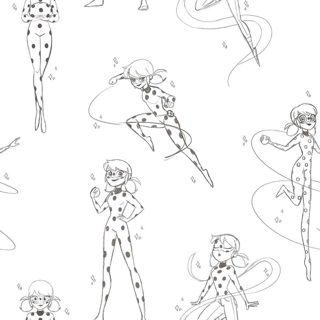 RoomMates Miraculous Ladybug Sketch Charcoal Peel and Stick Wallpaper, RMWS1305 (White)