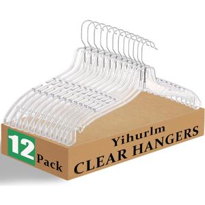 12 Pack Clear Plastic Hangers,Clear Hangers with 360 Swivel Metal Hook,Shirt Hanger Coat Hangers,Heavy Duty Hangers Dress Hangers for Clothes Shirts Dresses,16.7 Inch
