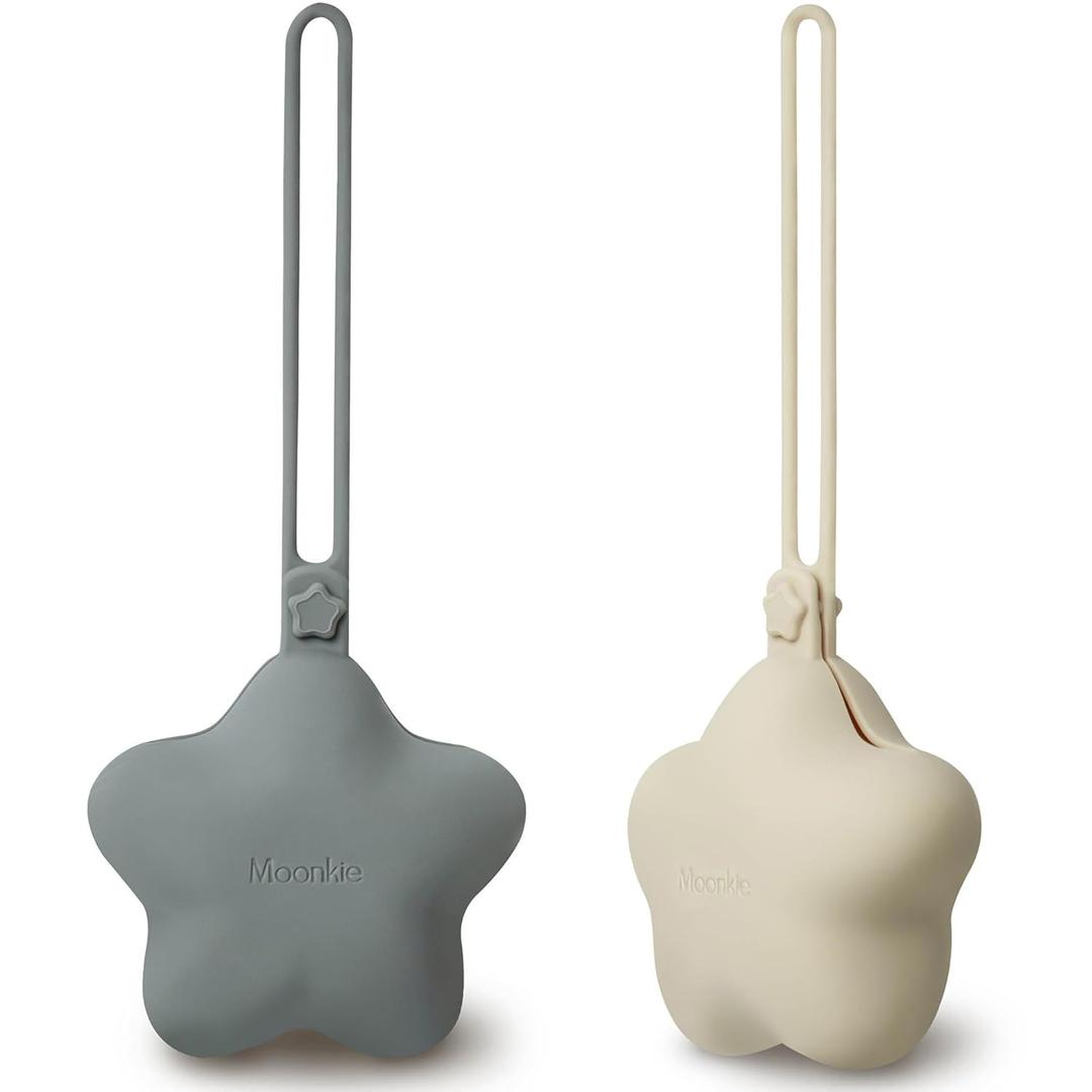 Moonkie Silicone Pacifier Holder Case, Cute Portable Pacifier Storage Case, 2 Pack (Shifting Sand/Lunar Grey)