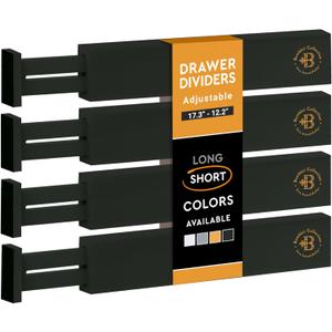 Bambsi 4 Pack Drawer Divider - Bamboo 2.6" High, 12.5-17" Adjustable Drawer Organizers for Clothes, Expandable Dresser Separators in Bedroom/Bathroom/Kitchen/Office Organization and Storage (Black)