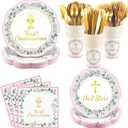 Kochorie 175 Pieces First Communion Decorations Disposable Pink First Communion Paper Plates and Napkins for Holy God Bless Party Supplies Baptism Christening Decoration, Serves 25 Guests