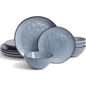 Famiware Dinnerware Sets for 4, Ocean Round 12-Piece Kitchen Plates and Bowls Sets, Reactive Glaze, Microwave and Dishwasher Safe, Scratch Resistant, Blue (Set(12pcs))