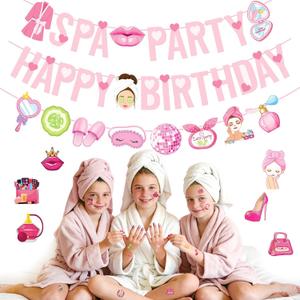 Spa Party Decorations Spa Party Banner Spa Party Temporary Tattoos Pink Slumber Party Decorations Makeup Parties Happy Birthday Sign