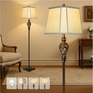 Vintage Floor Lamp with Night Light, 65" Retro Standing Lamp with Brown Finish and Beige Faux Silk Shade, Farmhouse Industrial Design Tall Lamp for Living Room Bedroom Bedside Corner (Bulb Included) (Brown-No Tray)