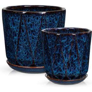 Oairse Ceramic Pots for Plants, 8+6 inch Plant Pots with Drainages Holes & Saucers Large Blue Ceramic Planters Decorative Flower Pot for Indoor Plants Outdoor Inoor