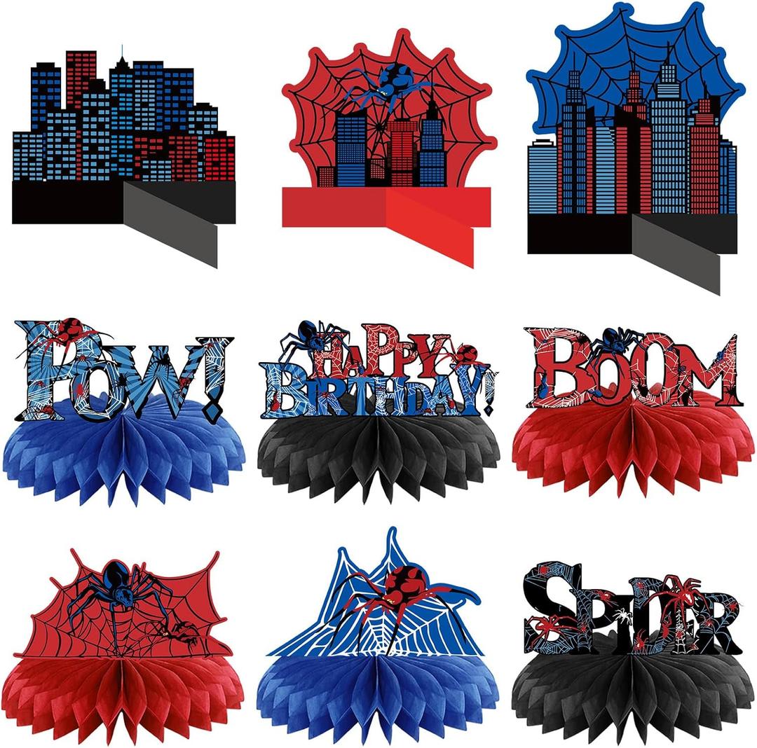 Outus 9 Pcs Spider Birthday Party Decorations Spider Honeycomb Centerpiece 3D Table Topper Standing Decorations Hero Web Theme Party Supplies for Birthday Shower Table Decor Indoor