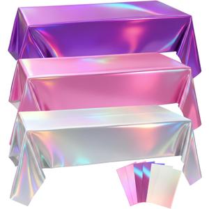 2 x Oudain 3 Pcs Kpop Theme Party Purple & Pink & Silver Iridescent Party Tablecloth 54 x 108 Inch Plastic Rectangle Tablecloth Waterproof Table Cover for Kpop Theme Birthday Decoration