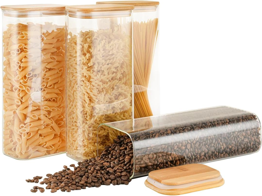 D2scrma 71oz Rectangle Airtight Glass Storage Containers with Bamboo Lids (Set of 4), Square Food Storage Jar, Pantry Organizers for Sugar, Flour, Spaghetti and Coffee beans (with Black Lable)