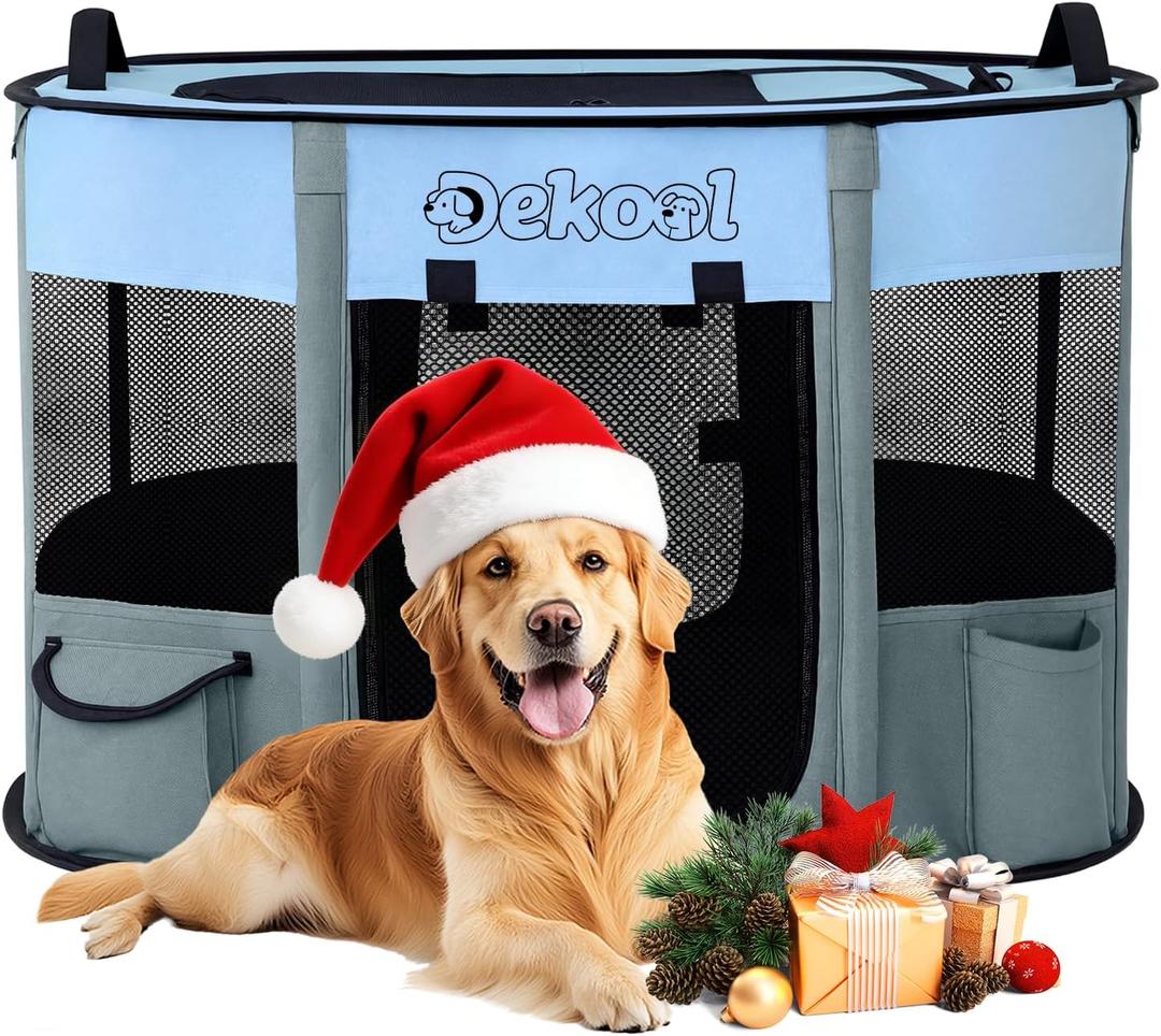Foldable Dog Cat Playpen, Portable Dog Crate for Puppies, Cat, Puppy Play Pen for Indoors, Kennel Tent Crate for Indoor Outdoor Travel Camping Use with Carrying Case (Blue, L)