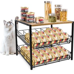 Bamboo & Iron Cat Food Organizer for Pantry, 2-Tier Can Stackable Storage Rack Holds 48 (3oz) Cans, Flat Top for Extra Storage, Automatic Slide-Down Perfect for Pet Food Cans