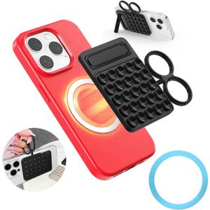Silicone Suction Phone Grip with Metal Ring for Any Cellphone, Removable Sticky Phone Grip for Hands-Free Makeup/Selfie/Live Streaming/Vlog