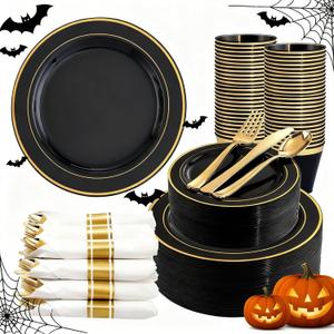 350 Pieces Black and Gold Plastic Plates with Disposable Silverware, Include 50 Dinner Plates 9, 50 Dessert Plates 6.3, 50 Black Cups 9 OZ, 50 Pre Rolled Napkins for Halloween new year 350 Pieces Black and Gold Plastic Plates with Disposable Silverware, Include 50 Dinner Plates 9, 50 Dessert Plates 6.3, 50 Black Cups 9 OZ, 50 Pre Rolled Napkins for Halloween new year