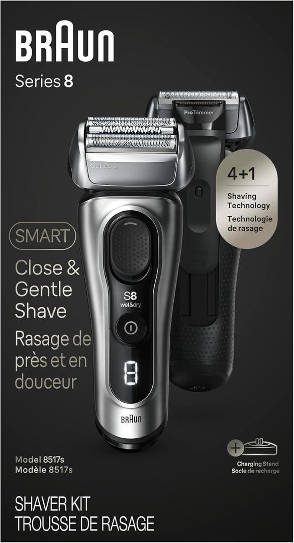 Braun Series 8 Electric Razor for Men, with 4+1 Shaving Elements & Precision Long Hair Trimmer, Close & Gentle Even on Dense Beards, Wet & Dry Electric Razor with 60min Runtime, 8517s Galvano Silver (5 Piece Set)