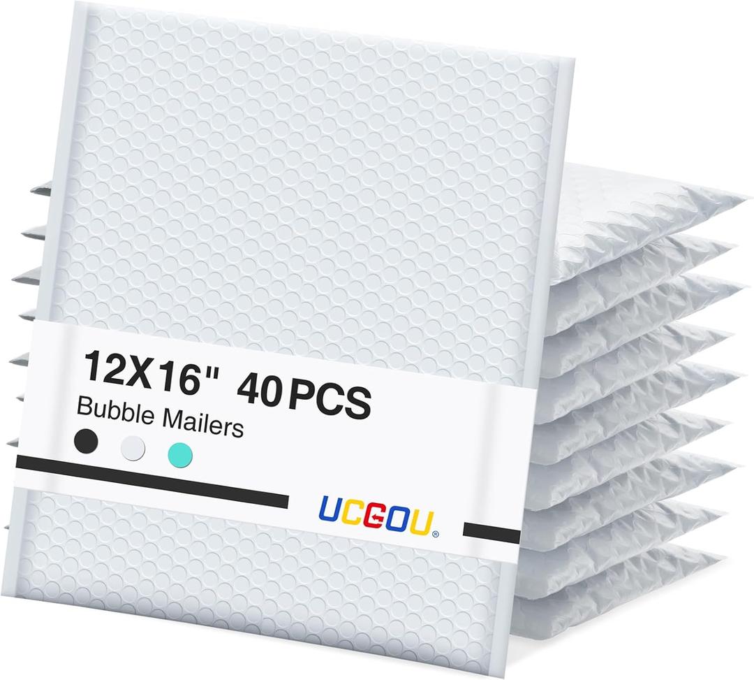 UCGOU Bubble Mailers 12x16" 40 Pack Usable Size 12x15" White Padded Mailers | Waterproof Self Seal Adhesive Large Padded Envelopes for Small Business Bubble Packaging Envelopes for Mailing Jewelry Makeup