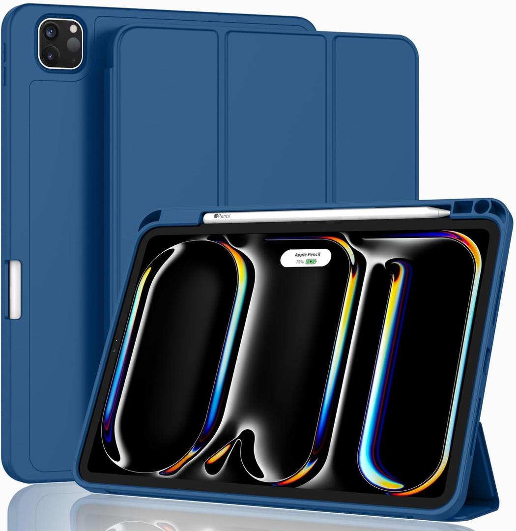 ZryXal New iPad Pro 13 Inch Case (M5) 2025 / (M4) 2024 with Pencil Holder, Smart iPad Case [Support Pencil Pro and Pencil (USB-C)], Support Touch ID and Auto Wake/Sleep (New Navy Blue)