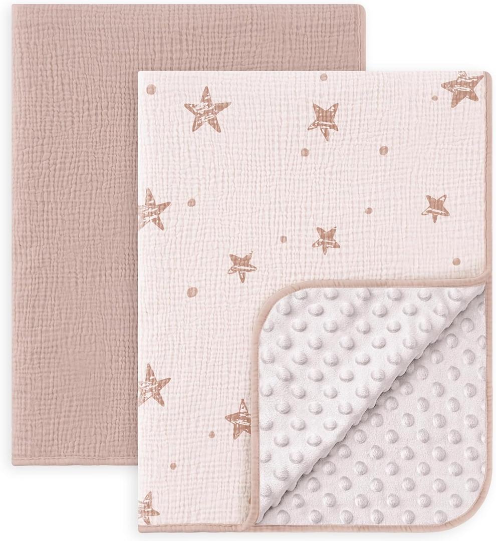 Susurration Baby Blanket for Unisex Boys Girls, 2 Pack Soft Fluffy Crib Blankets with Muslin Cotton Front and Dotted Fleece Back, Receiving Blanket for Baby Newborn Infant, 30x40inch, Pink Star&Sand