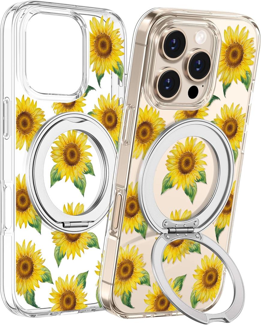 Loheckle for iPhone 16 Pro Max Case with Stand- Compatible with MagSafe Women Girls Cute Clear Girly Aesthetic Unique Design Soft TPU Magnetic Ring Phone Cover for Apple 16 Promax, Sunflower