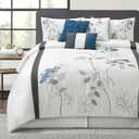 LANCO MODERN LIFESTYLE White Queen Comforter Set, 7 Pieces Bed in a Bag, Elegant Floral Leaves Embroidery, Soft and Lightweight All Seasons Bedding Set, Bedskirt, Pillow Shams, Decor Pillows