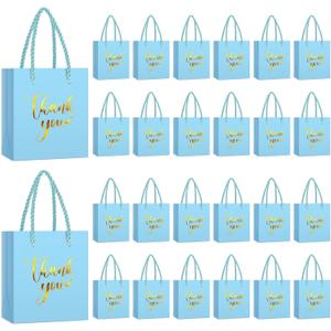 Honoson 30 Pcs Mini Gift Bag with Handle 4 x 2.75 x 4.5'' Small Thank You Paper Bag for Wedding Baby Shower Birthday Graduation Thanksgiving Party Favor Supplies(Light Blue/Gold)