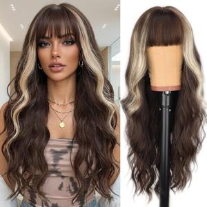 AISI HAIR【Beginner Friendly Wigs Brown Mixed Light Blonde Wig with Bangs Long Wavy Synthetic Wig for Women Breathable and Adjustable with Daily Party Use