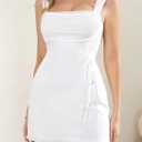 Women's Sexy Mesh Short Dress Square Neck Ruched Wedding Guest Cocktail Mini Dresses (White)