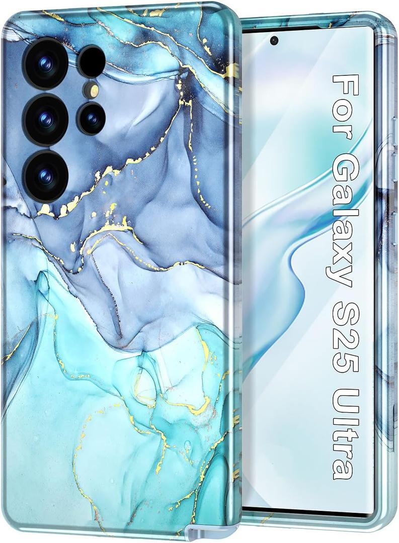 Btscase for Samsung Galaxy S25 Ultra Case, [Military Grade Drop Tested] Marble Pattern Design Slim Rugged Shockproof Women Girls Men Protective Anti-Scratch Cover, Blue Cyan