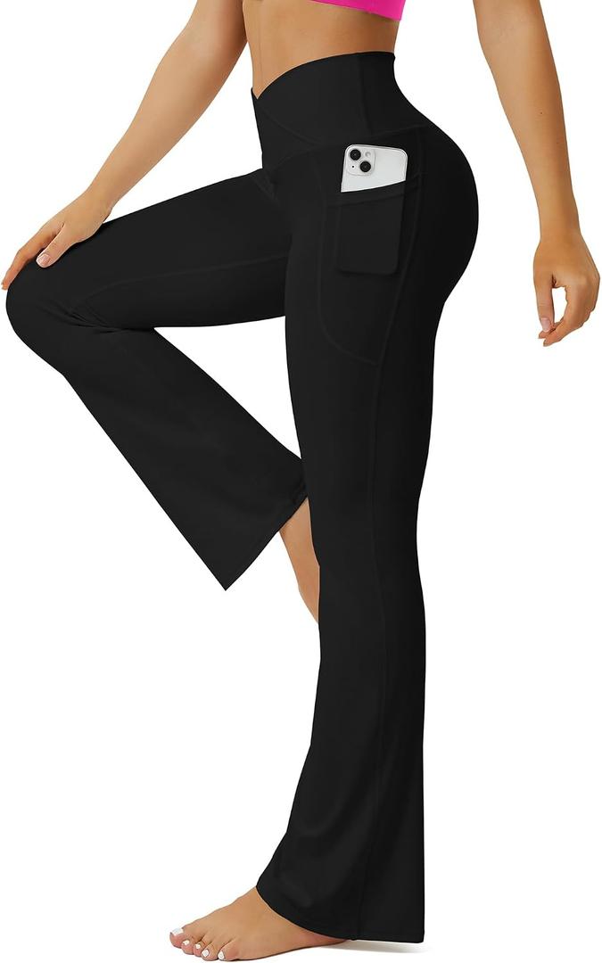 FOHOFO Yoga Pants Women, Flare Leggings for Women with Pockets Crossover High Waisted Bootcut Yoga Pants, Black, Medium 