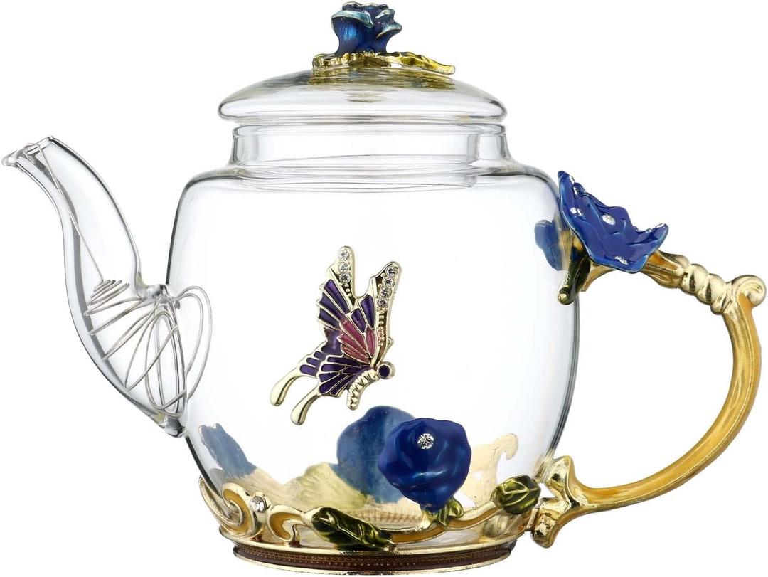 Safe Durable Floral Glass Teapot with Gold Leaves Edge Colourful Flower Pattern Floral Vintage Teapot Tea Party Set (Blue)