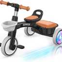 SEREED Colorful Lighting Toddler Tricycle for 2-5 Years Old Boys, Adjustable Seat&Handlebar Trike, Removable Basket, Birthday Gift Idea for Kids Ages 2+ (Black)