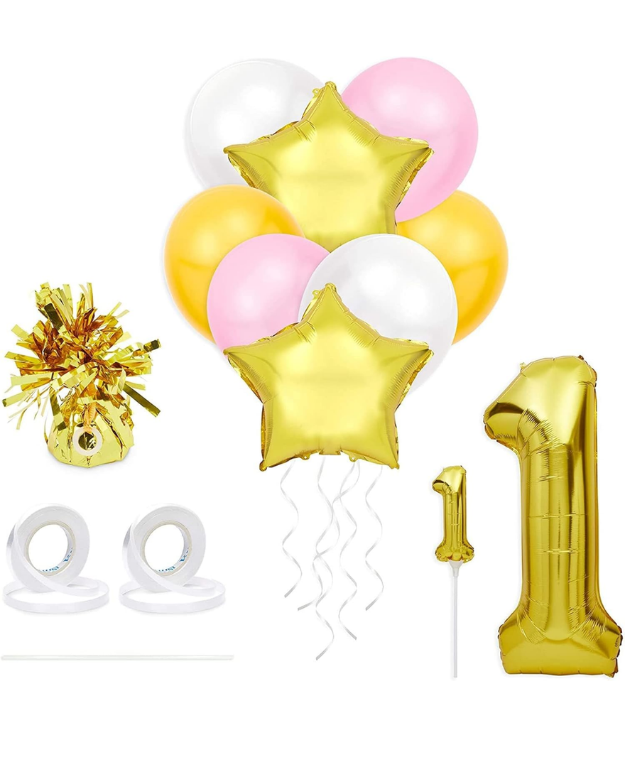 Sparkle and Bash Pink & Gold Girl 1st Birthday Party Decorations, Balloons, Cake Topper and Tassels for Party Decoration