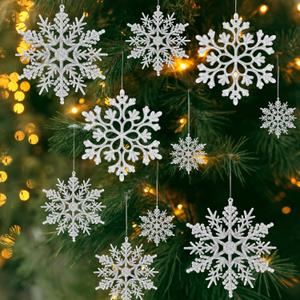 Christmas Ornaments Snowflake Decorations Christmas Tree Indoor Outdoor Decoration 36 Pcs Plastic Glitter Silver Snowflake Ornaments Set Hanging Winter Wonderland Holiday Party Decorations