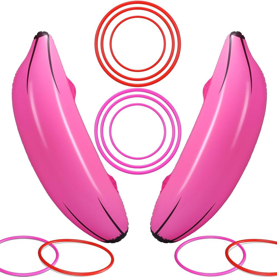 Leitee 8 Pcs Inflatable Banana Ring Toss Adult Include 2 Pieces 26" Banana with 6 Pieces Plastic Toss Rings for Bridal Shower Decorations for Engagement Adult Party Swimming Pool (Pink)