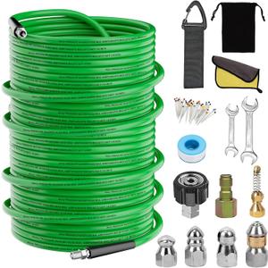 Sewer Jetter Kit for Pressure Washer,Water Jet Drain Cleaning Hose with Corner Rotating Button Spring Nose 1/4" NPT Sewer Cleaning Tool High-Pressure Nozzles,5800 PSI 200 FT (Green)