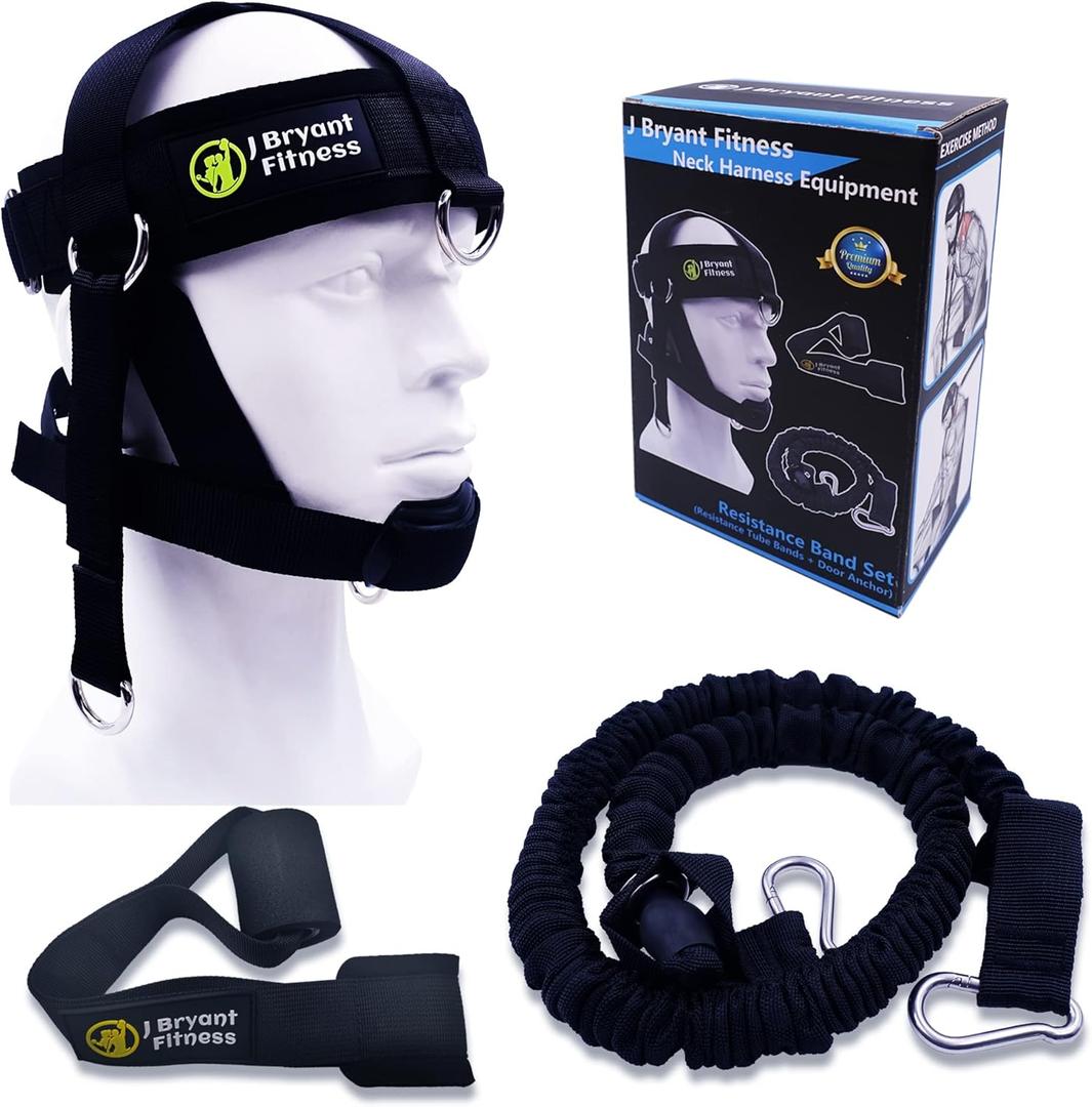 J Bryant Neck Harness Head - Weight Lifting with Resistance Tube Bands - Door Anchor Set Adjustable Neck Training Strap Exercise Equipment (Black-L(23"-25"))