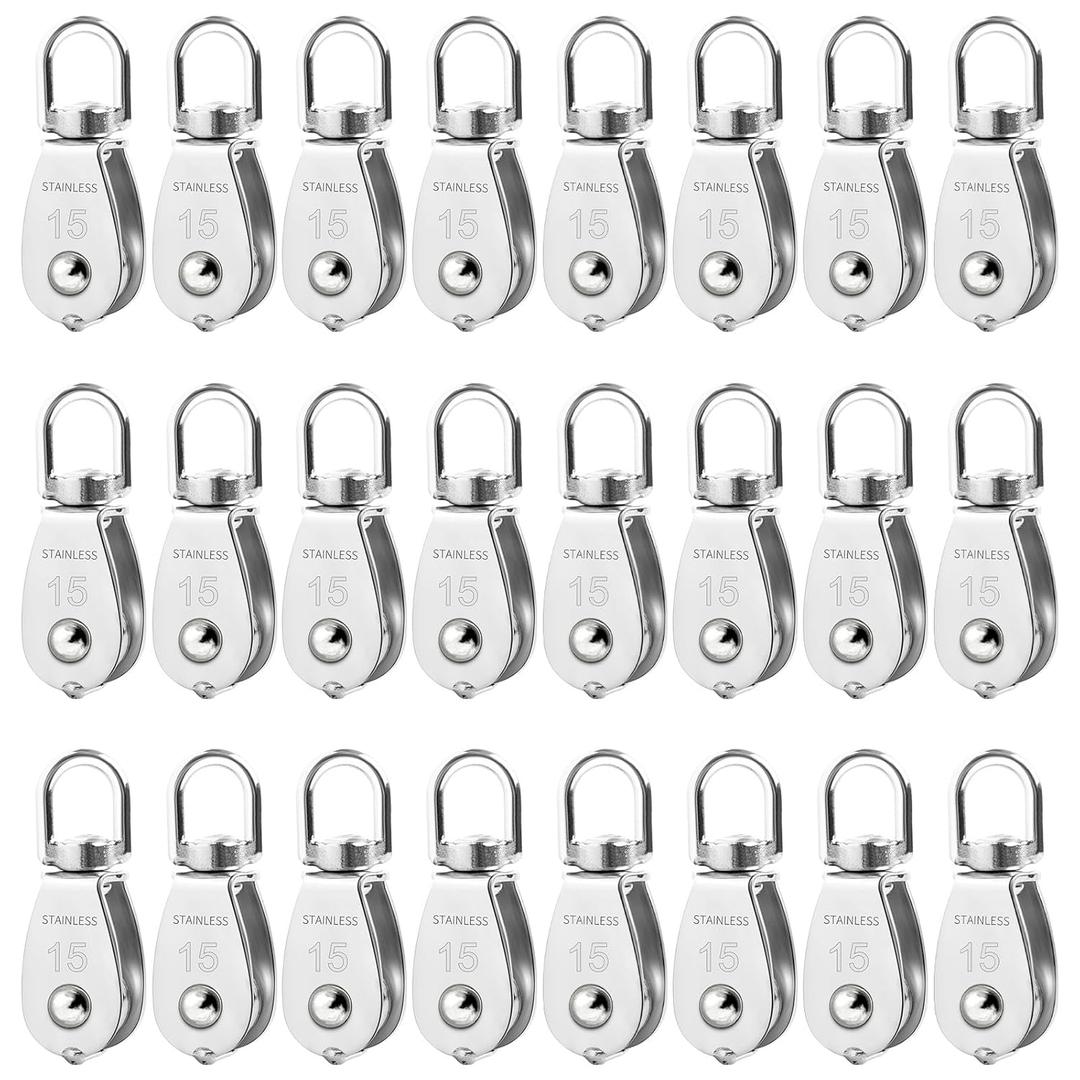 24 Pack M15 Single Pulley Block, 304 Stainless Steel Wire Rope Cable Pulley, Heavy Duty Swivel Pulley Wheel Hanging Wire Towing Wheel for Lifting, Pulleys for Rope